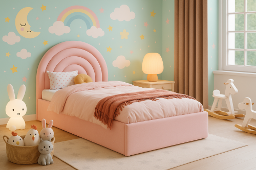 Łóżko tapiceroane tęcza bajkoe dla dziecka dziewczynkic chłopca różowe róż.png