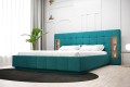Łóżko tapicerowane sypialniane z półką z boku zagłowia, turkus, styl loft
